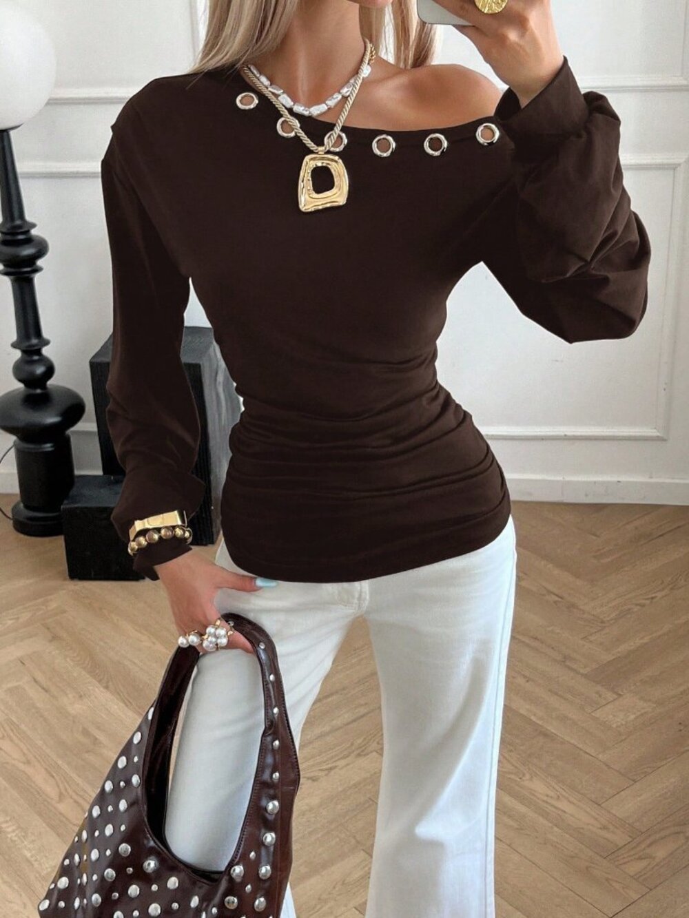 Coffee Brown Casual Women's Off-Shoulder Sleeve Top with Metallic Collar